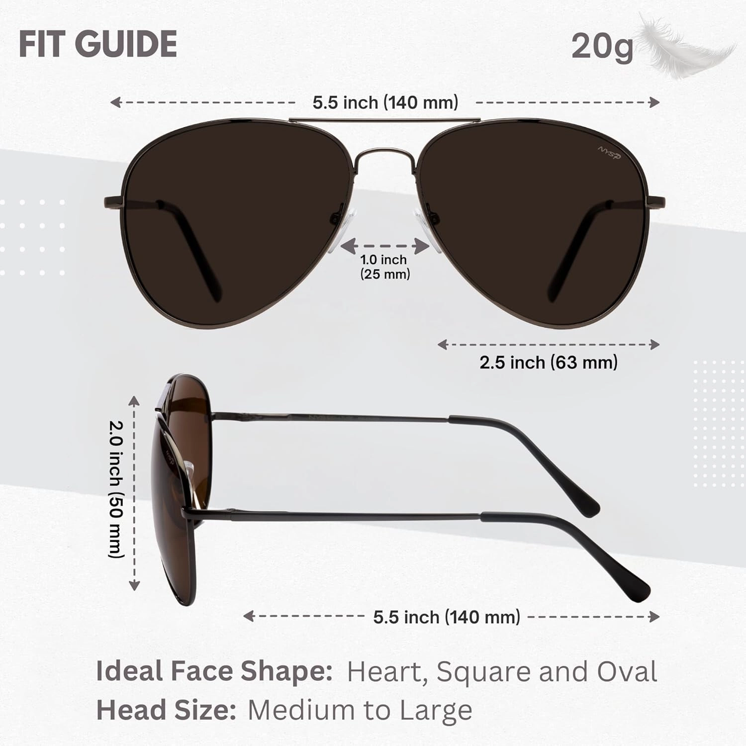 NYS Collection Premium Polarized Classic Aviator Sunglasses, Lightweight Frame, 63mm Lenses, UV400 for Men & Women