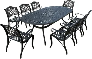 Oakland Living 1025-1059(8)-LBK Modern Outdoor Mesh Lattice Aluminum 95-in Large Black Oval Patio Eight Arm Chairs Dining Set