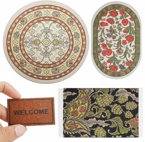 Odoria Dollhouse Area Rug Miniature - 1/12 Scale Entry Accent Rug Round Oriental for Vintage Living Room Kitchen - Mini Welcome Doormat - Tiny Carpet Oval Floral Green