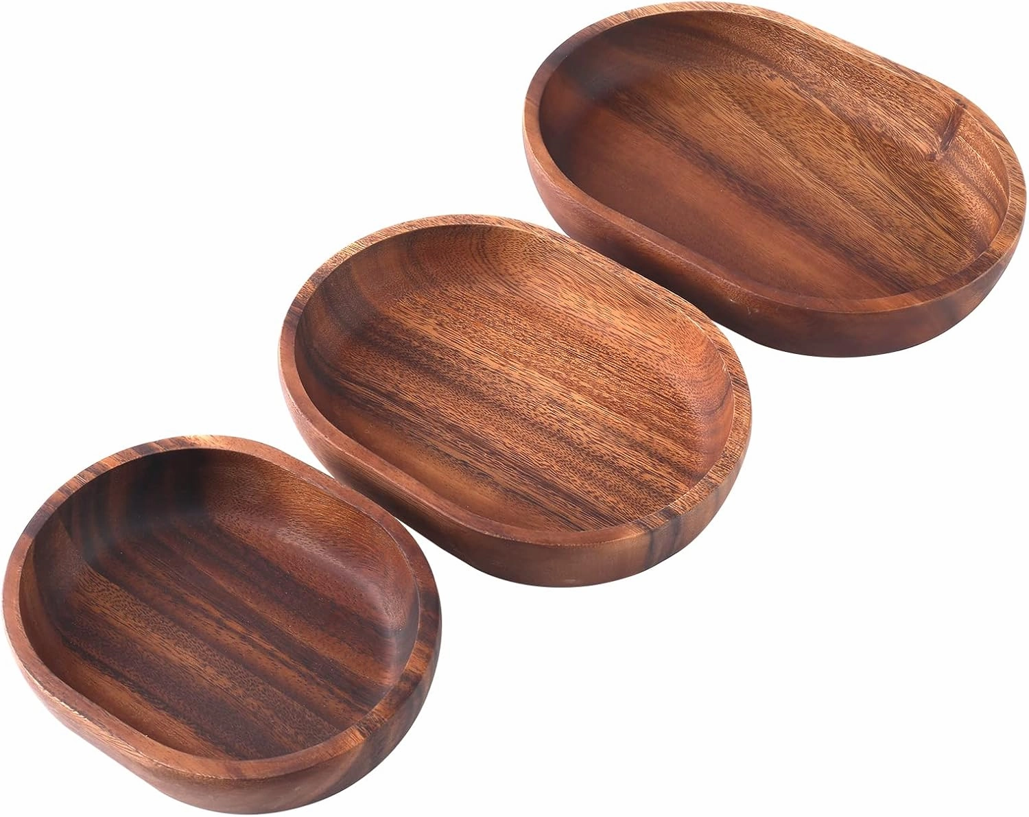 olelo Wooden Salad Bowl Set of 3-Acacia Wood Oval Dessert Displays Serving Trays Great for Fruit, Food, Salads, Mixing & Serving Bowls