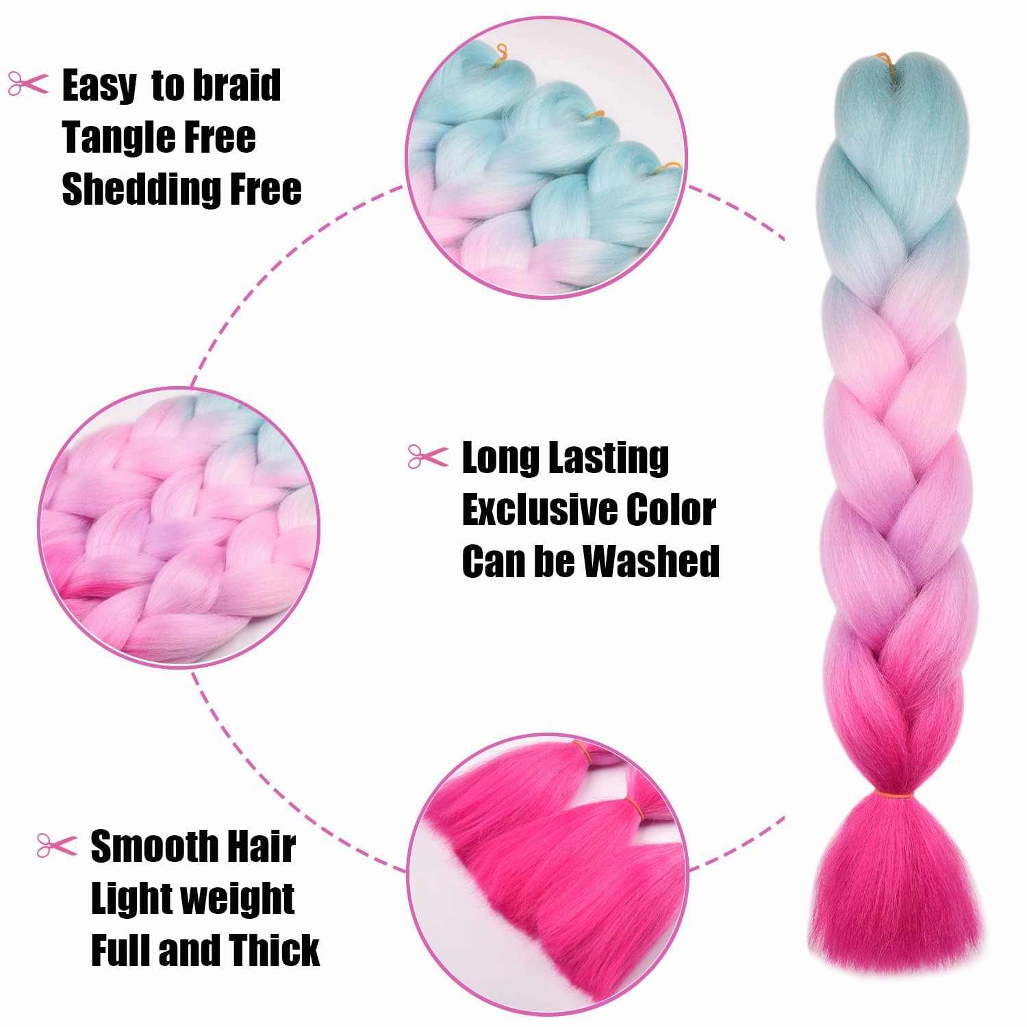 Ombre Braiding Hair 4Tone Color Gradient Pink Hair Extensions for Braiding, Kids Braids | Soft Hot Water Seal Braiding Hair with Yaki Texture for Long-Lasting Style (Green Pink Purple Red)