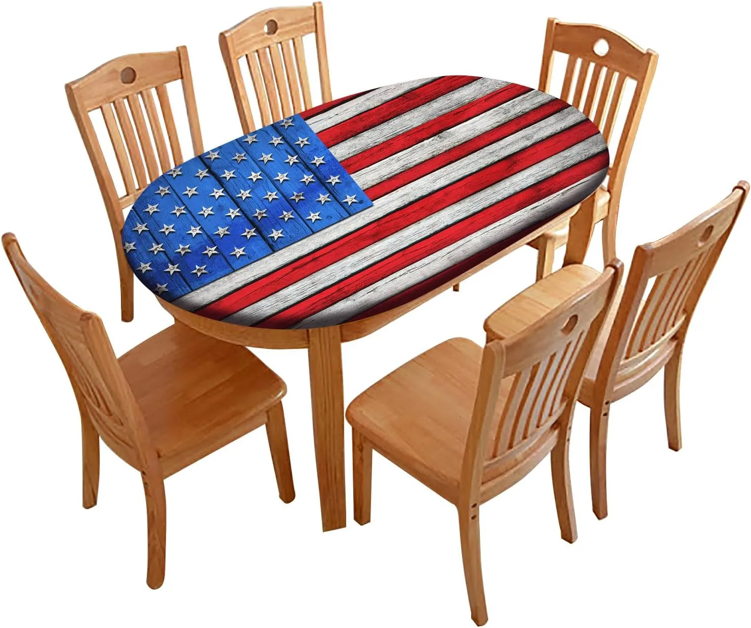 Oval American Flag Tablecloth, American Flag on Wooden Independence Day Fitted Elastic Edge Cover, for Indoor Dining, Outdoor Picnic Parties, Camping Use, Fits to 48x68 in Table