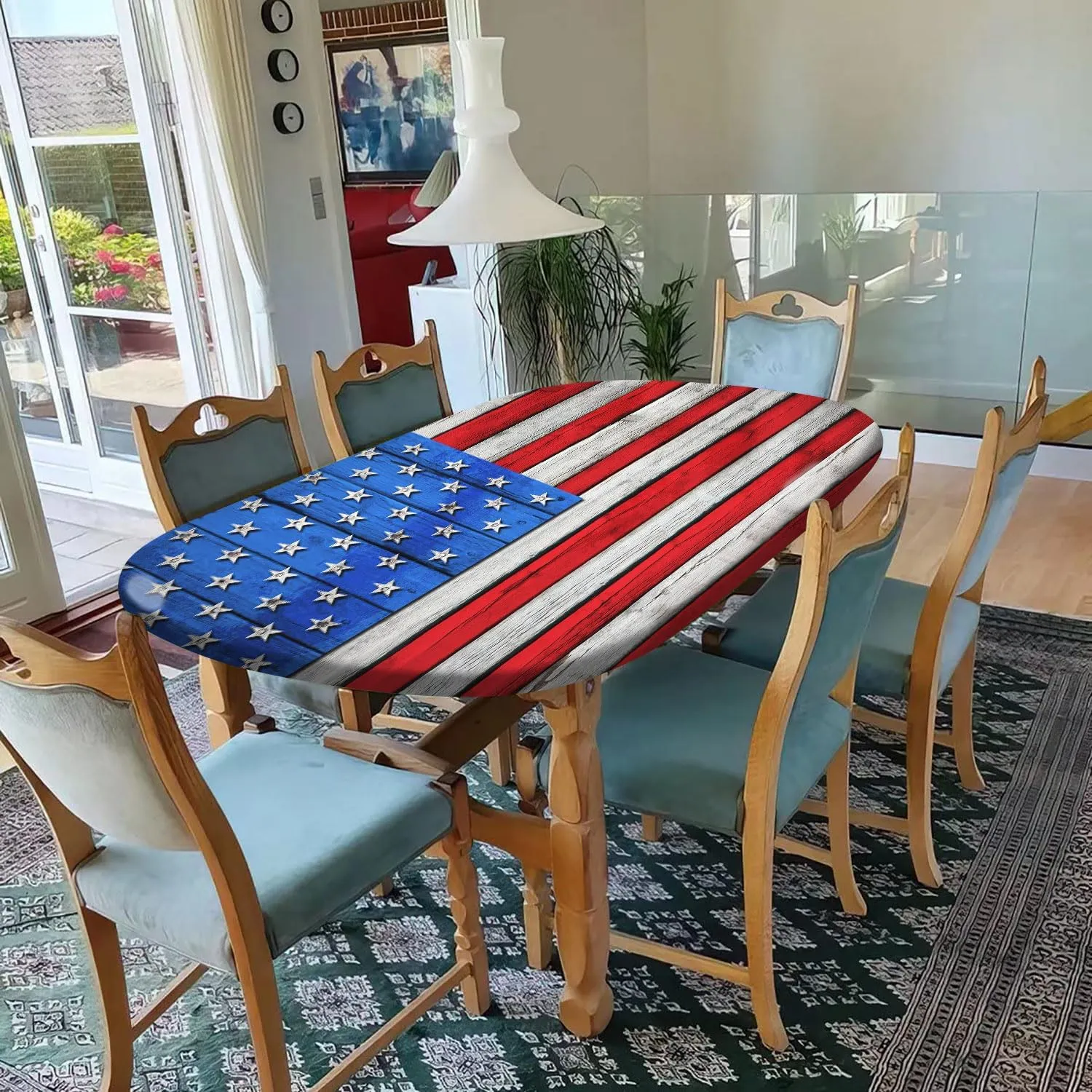 Oval American Flag Tablecloth, American Flag on Wooden Independence Day Fitted Elastic Edge Cover, for Indoor Dining, Outdoor Picnic Parties, Camping Use, Fits to 48x68 in Table