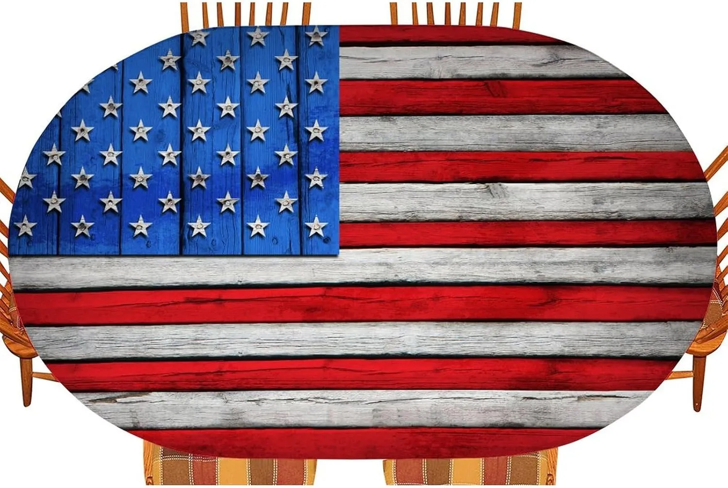 Oval American Flag Tablecloth, American Flag on Wooden Independence Day Fitted Elastic Edge Cover, for Indoor Dining, Outdoor Picnic Parties, Camping Use, Fits to 48x68 in Table