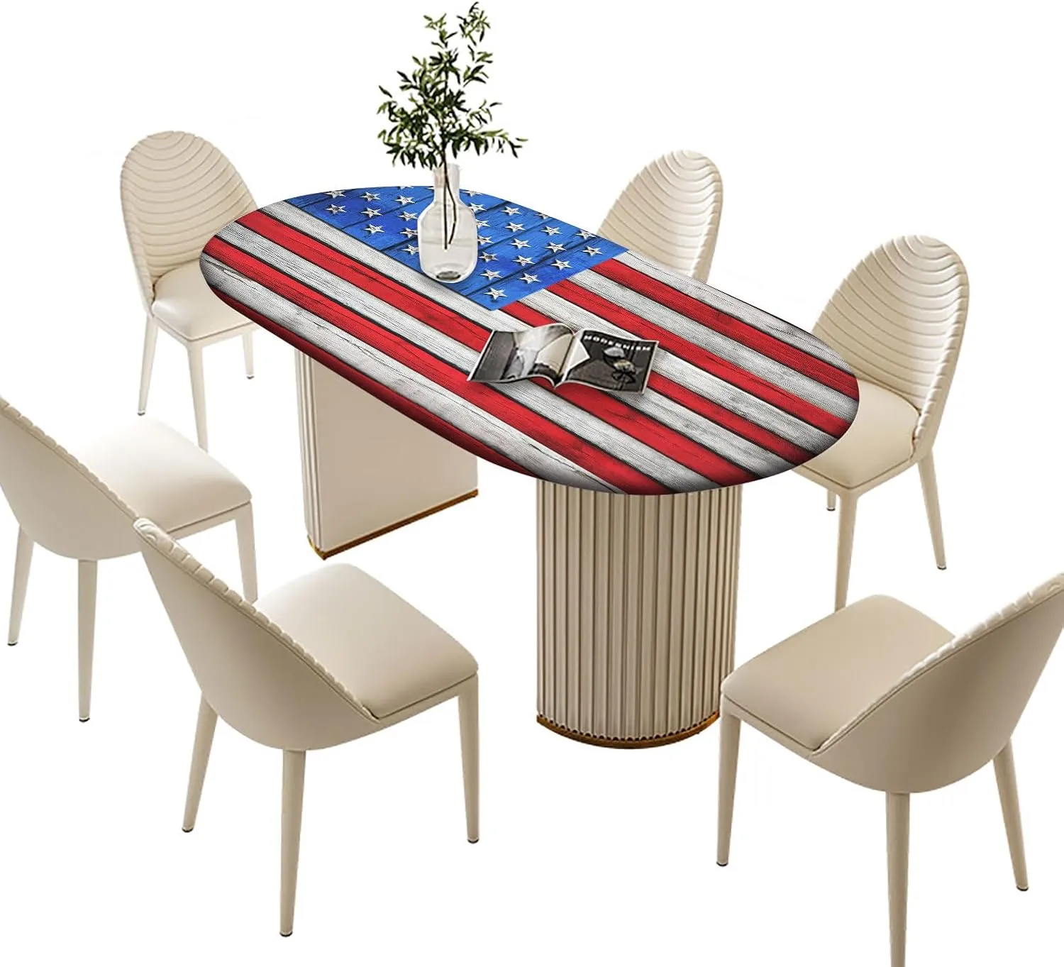Oval American Flag Tablecloth, American Flag on Wooden Independence Day Fitted Elastic Edge Cover, for Indoor Dining, Outdoor Picnic Parties, Camping Use, Fits to 48x68 in Table