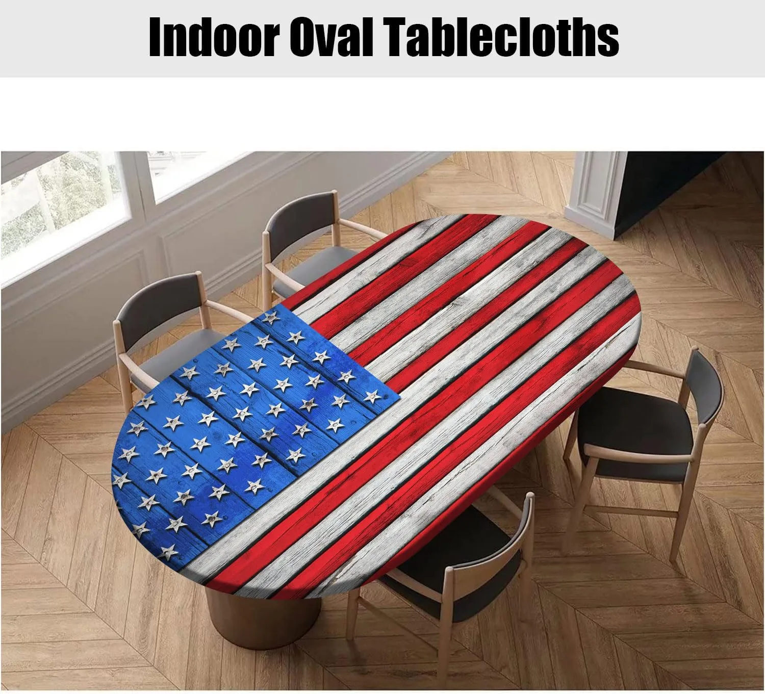 Oval American Flag Tablecloth, American Flag on Wooden Independence Day Fitted Elastic Edge Cover, for Indoor Dining, Outdoor Picnic Parties, Camping Use, Fits to 48x68 in Table