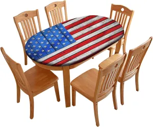 Oval American Flag Tablecloth, American Flag on Wooden Independence Day Fitted Elastic Edge Cover, for Indoor Dining, Outdoor Picnic Parties, Camping Use, Fits to 48x68 in Table