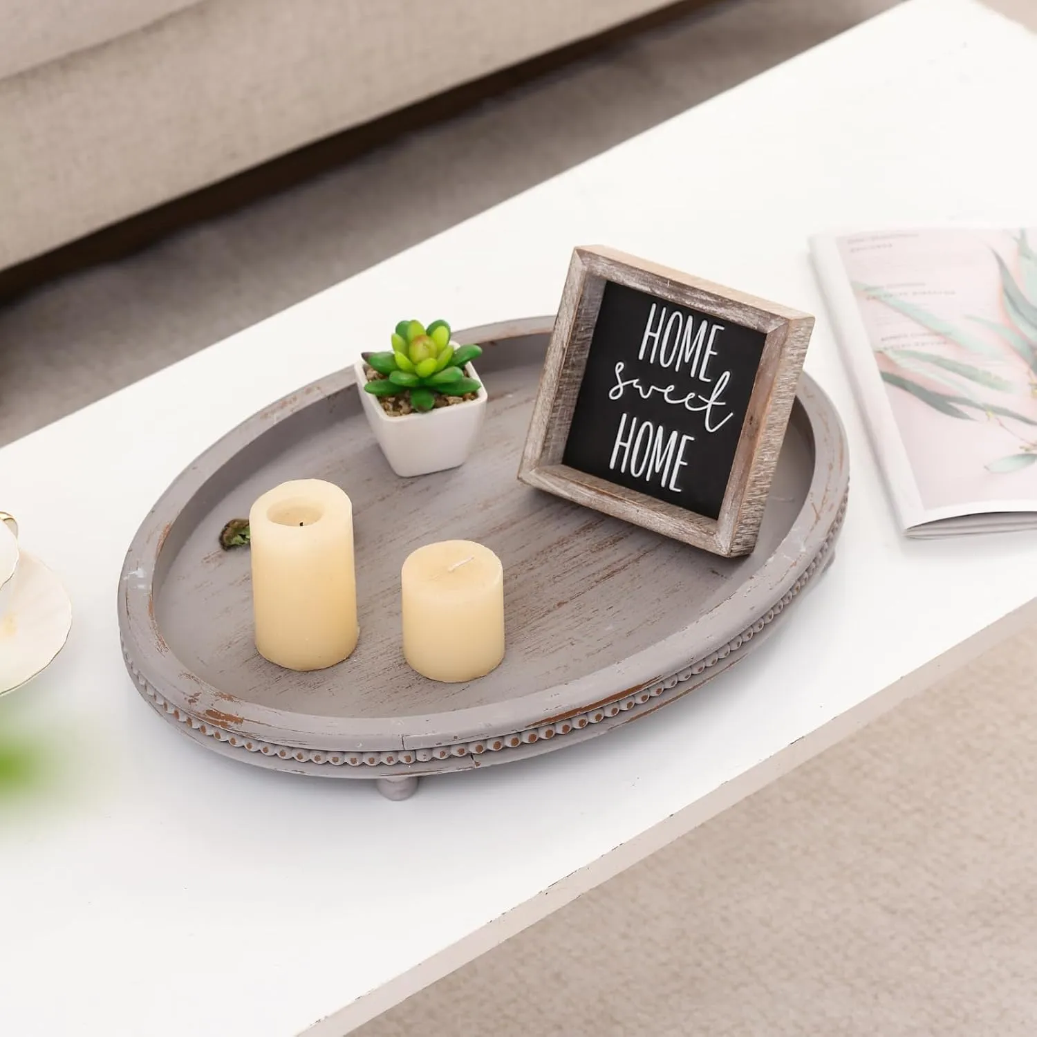Oval Wooden Tray, Decorative Trays for Home Decor Coffee Table Kitchen Dinning Table, Small Wood Beaded Tray for Decor Grey