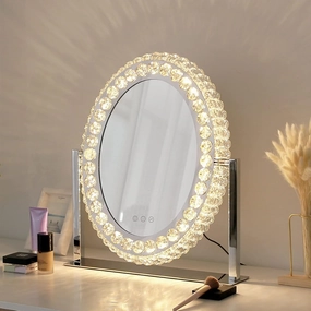 Oval Crystal Vanity Mirror with Light Large Lighted Tabletop Makeup Mirror for Bedroom Hollywood Smart Desk Mirror with Touch Light Plug-in LED Mirror with 3 Color Lights 360°Rotating