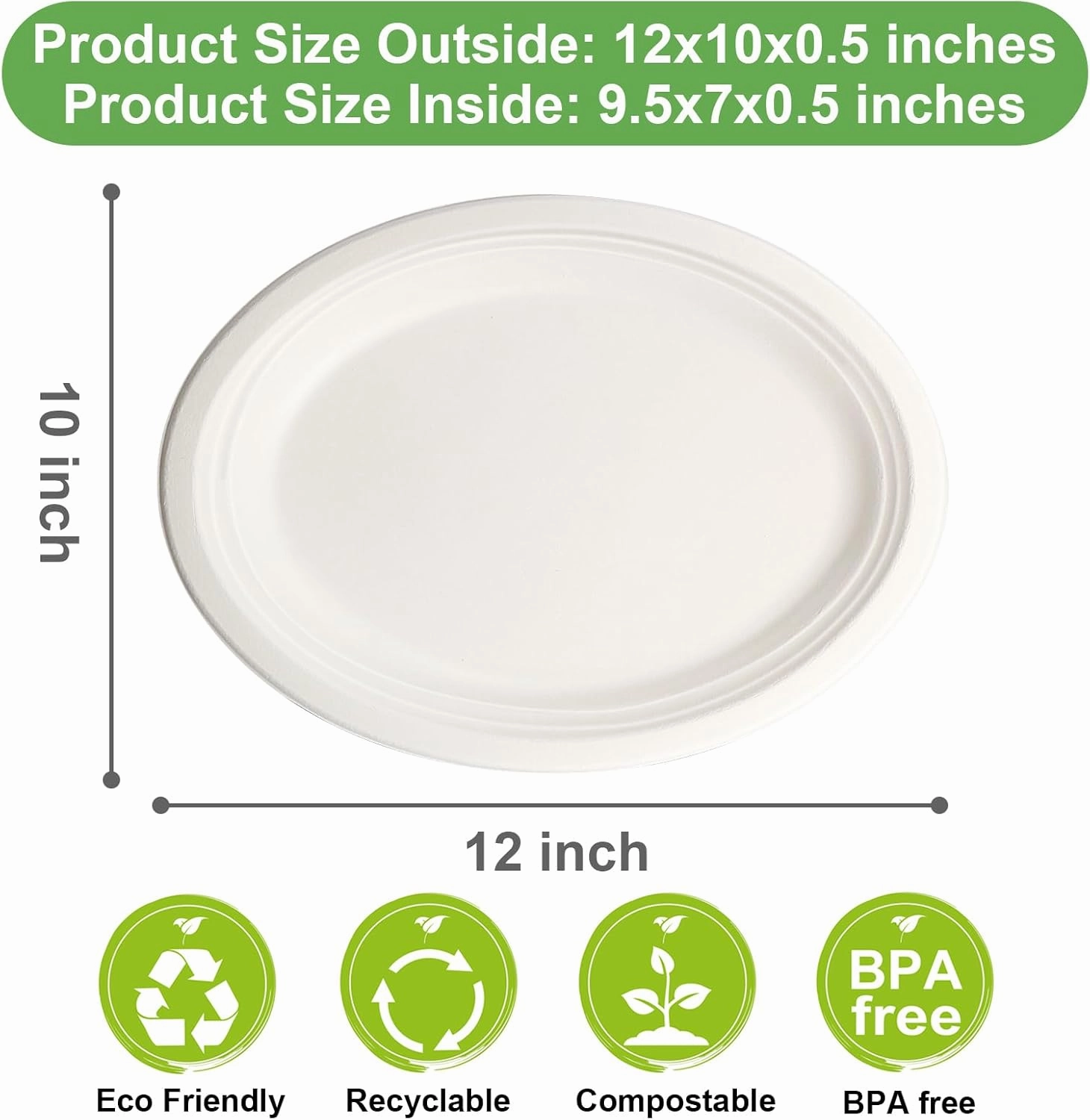 Oval Eco Friendly Disposable Plates - Large Heavy Duty Paper Plates 12 inch, Bulk Pack for BBQ, Party, Picnic