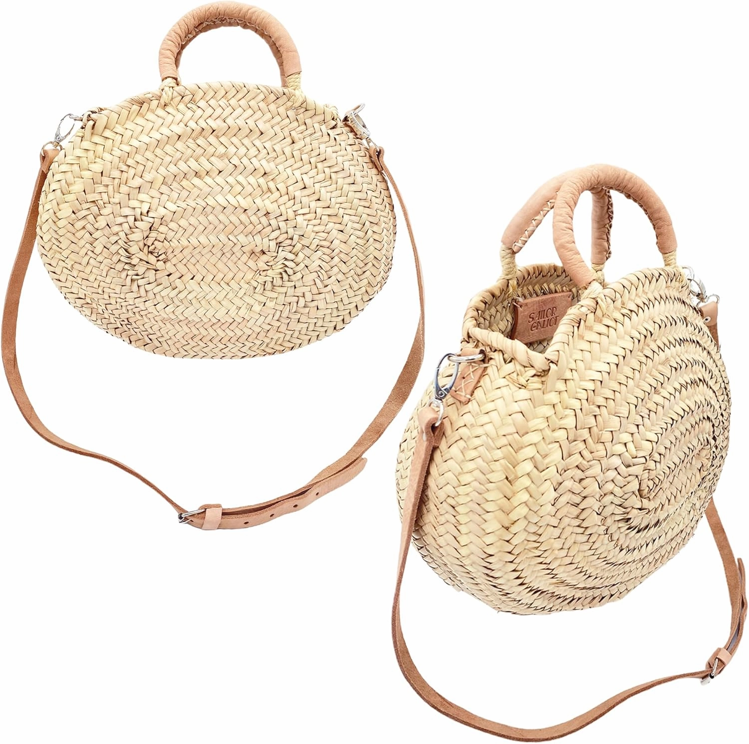 Oval Ocean Tote, Round Moroccan Straw Bag, Palm Basket, Crossbody Strap, Large/Medium Sizes, Perfect for Beach or Market