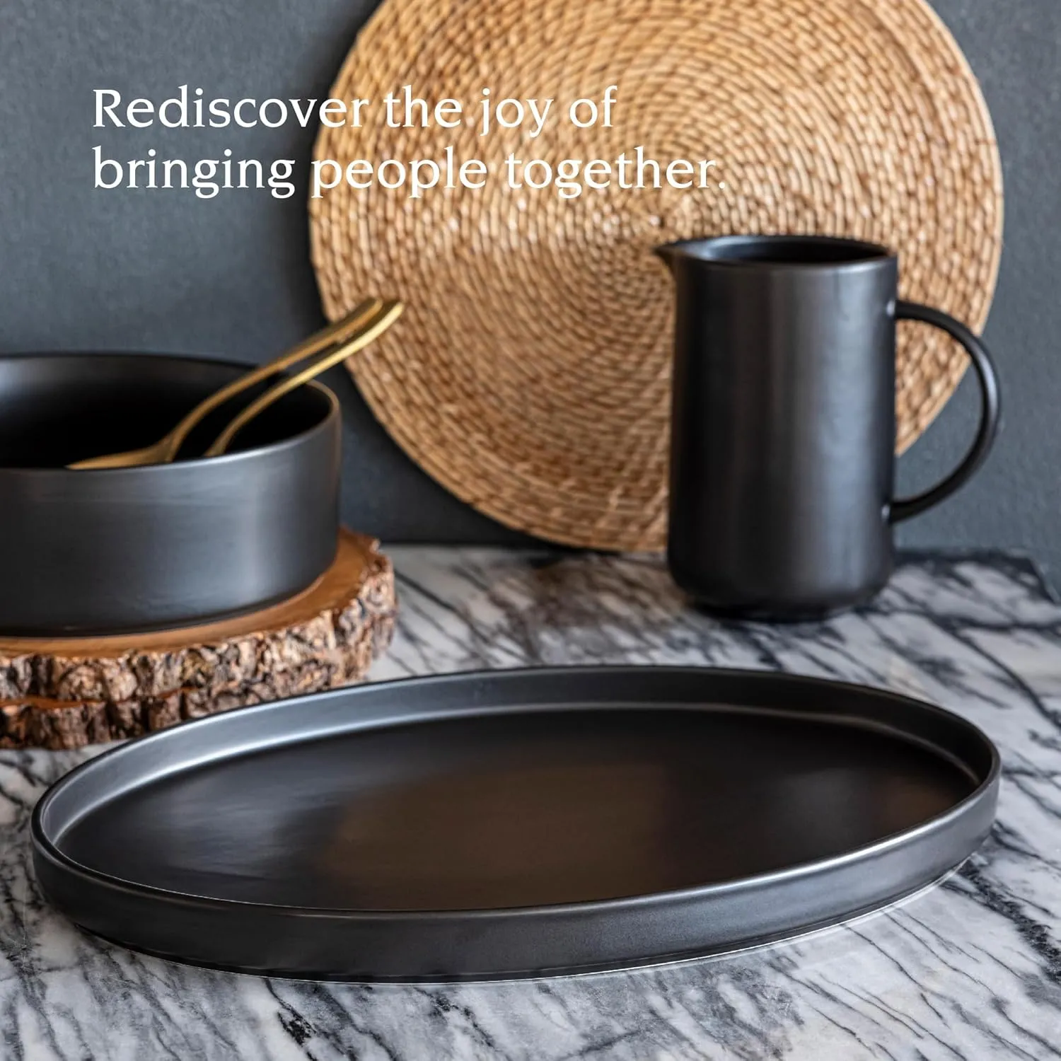 over&back Stackable Stoneware Serving Platter - Elegant 1-Piece Oval Serving Platter to Complete Your Kitchen Set - Perfect for Appetizers, Desserts, and More - 16" L x 11" W - Semi-Matte Black
