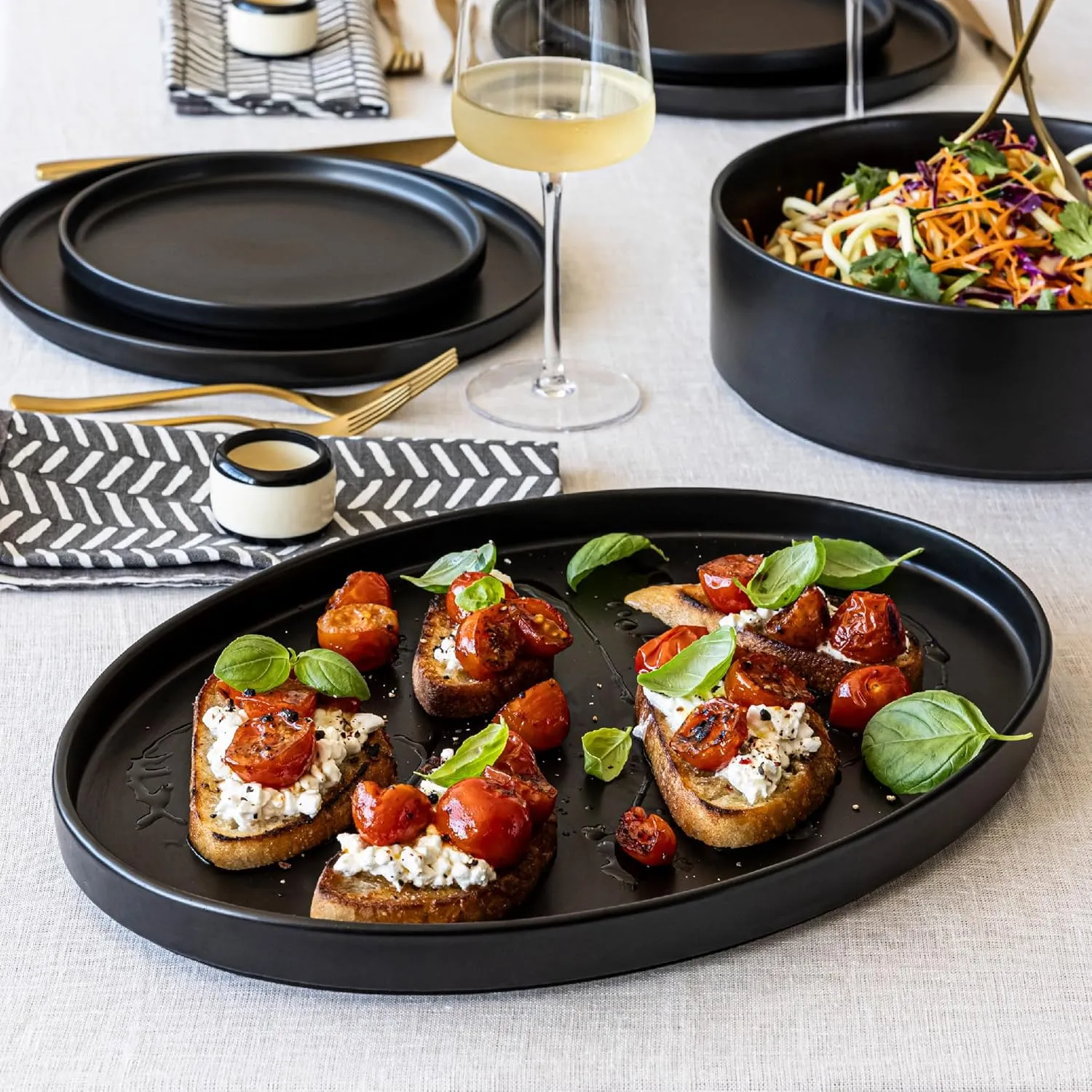 over&back Stackable Stoneware Serving Platter - Elegant 1-Piece Oval Serving Platter to Complete Your Kitchen Set - Perfect for Appetizers, Desserts, and More - 16" L x 11" W - Semi-Matte Black