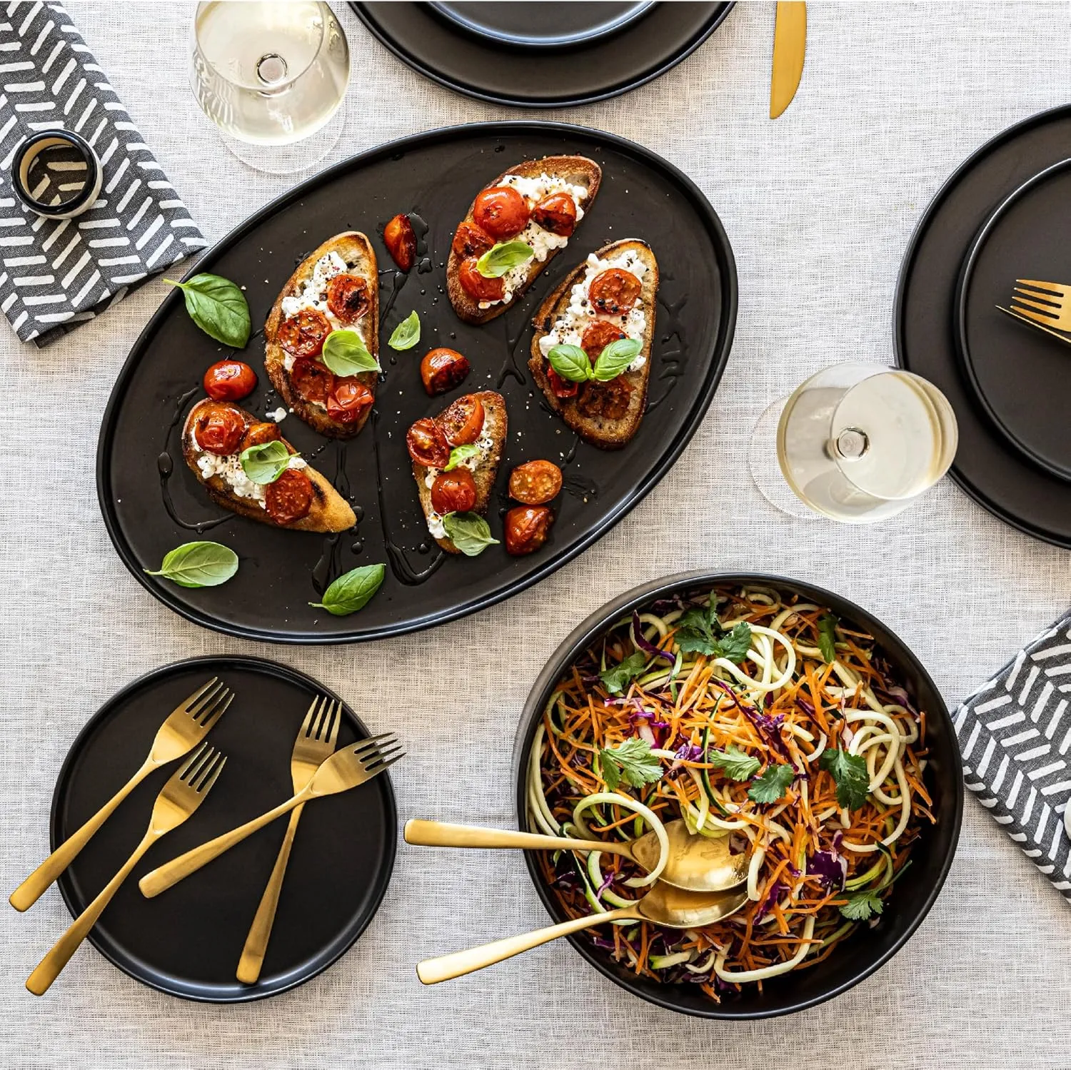 over&back Stackable Stoneware Serving Platter - Elegant 1-Piece Oval Serving Platter to Complete Your Kitchen Set - Perfect for Appetizers, Desserts, and More - 16" L x 11" W - Semi-Matte Black