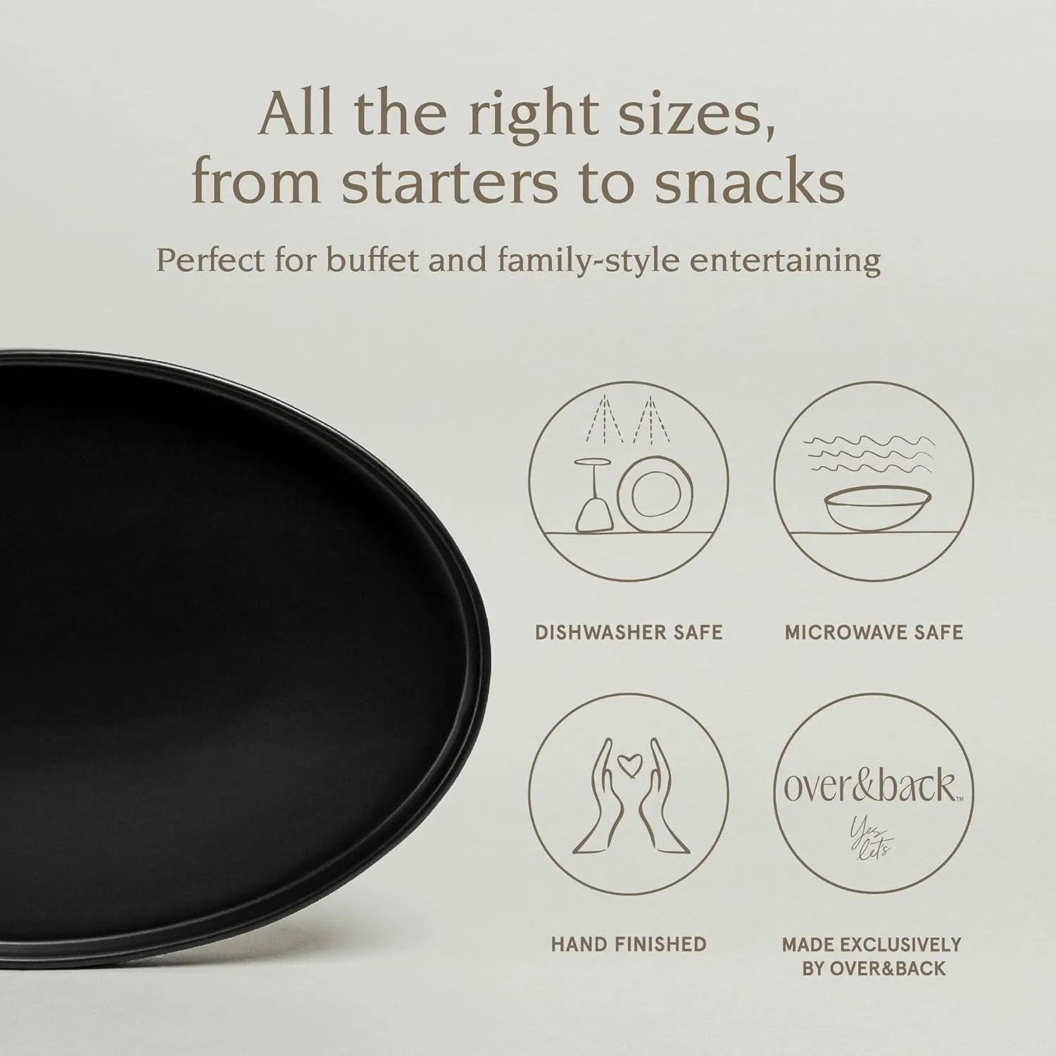 over&back Stackable Stoneware Serving Platter - Elegant 1-Piece Oval Serving Platter to Complete Your Kitchen Set - Perfect for Appetizers, Desserts, and More - 16" L x 11" W - Semi-Matte Black