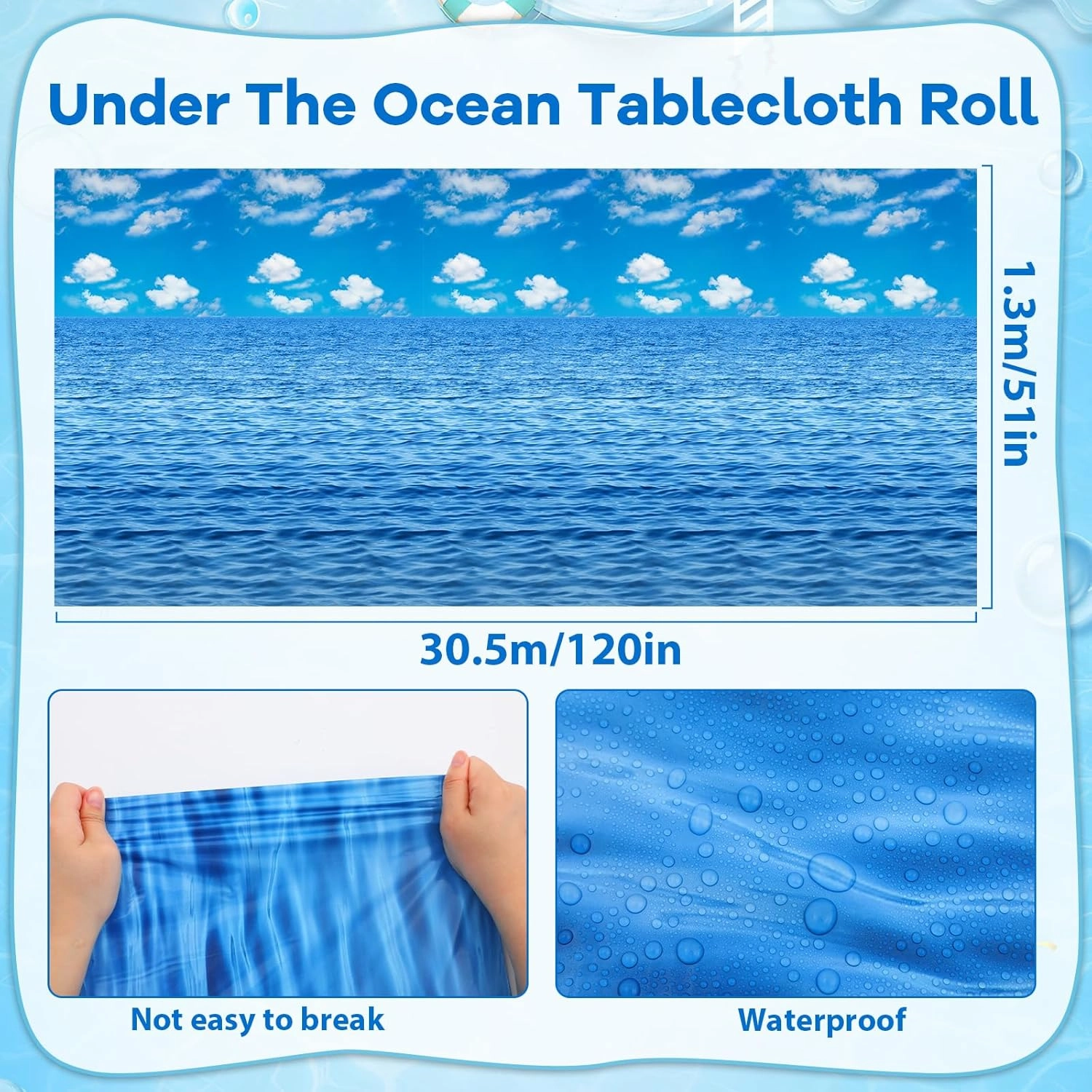 party greeting Under The Ocean Tablecloth Roll 100FT x 51 Inch Disposable Blue Ocean Sky White Clouds Plastic Table Covers Water Print Wall Backdrop for Kids Bulletin Board Beach Birthday Party Decor