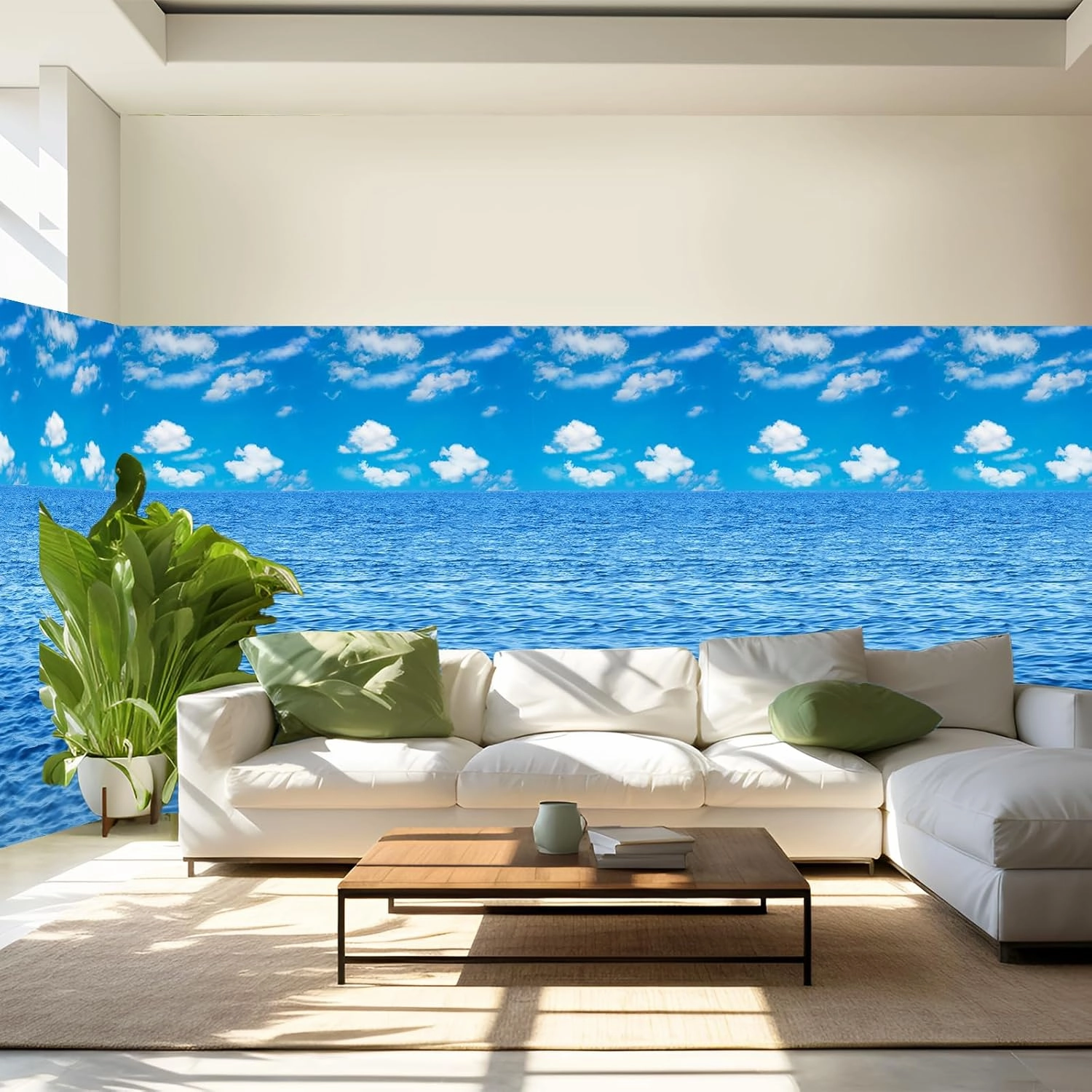 party greeting Under The Ocean Tablecloth Roll 100FT x 51 Inch Disposable Blue Ocean Sky White Clouds Plastic Table Covers Water Print Wall Backdrop for Kids Bulletin Board Beach Birthday Party Decor