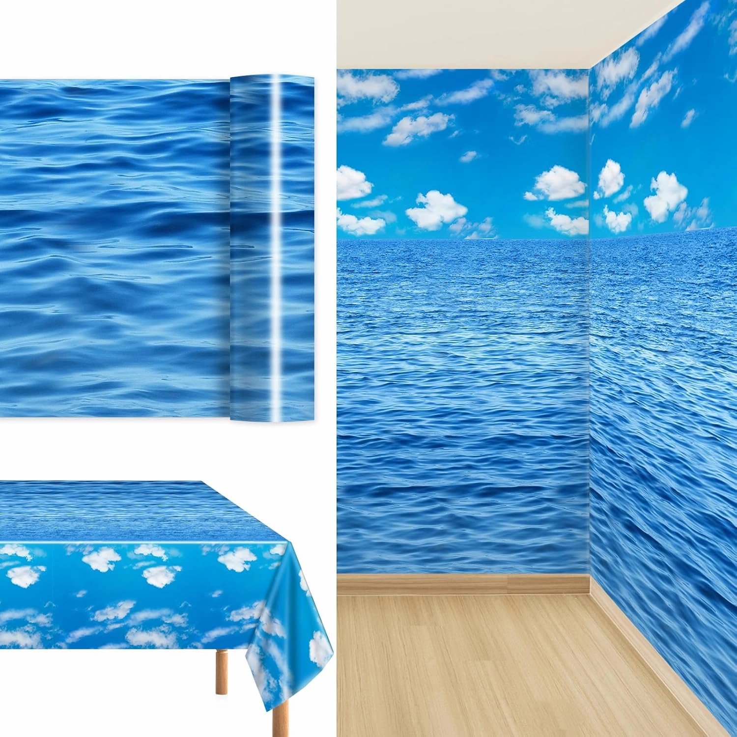 party greeting Under The Ocean Tablecloth Roll 100FT x 51 Inch Disposable Blue Ocean Sky White Clouds Plastic Table Covers Water Print Wall Backdrop for Kids Bulletin Board Beach Birthday Party Decor