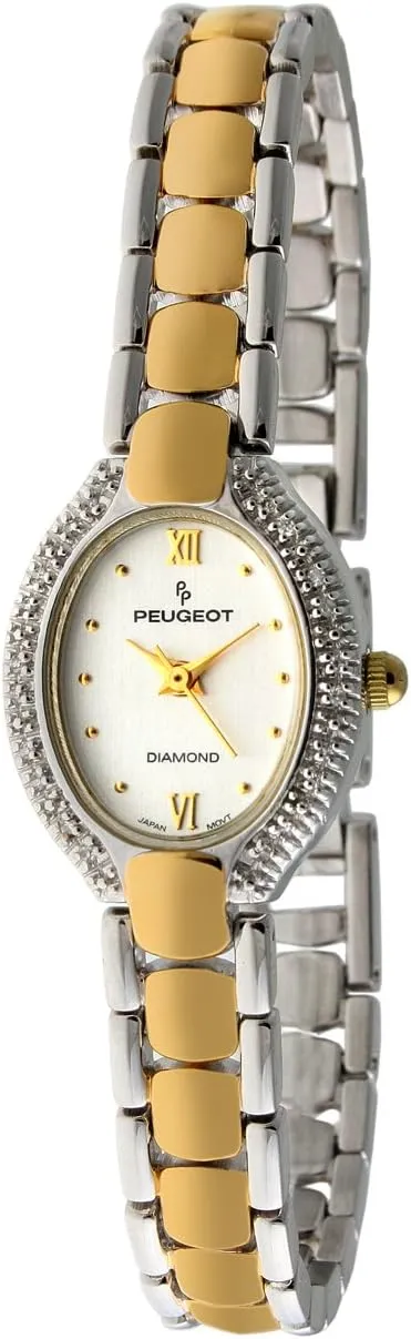 Peugeot Women Oval Dial Watch -Two-Tone, 10c Diamond Bezel and Jewelery Style Self Adjustable Bracelet