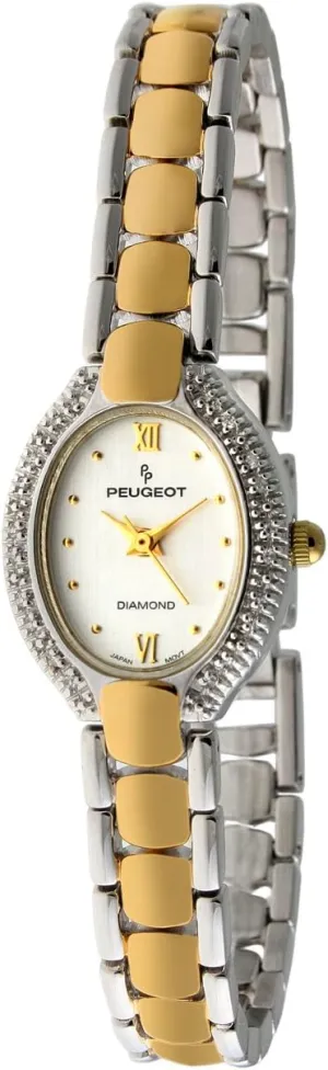 Peugeot Women Oval Dial Watch -Two-Tone, 10c Diamond Bezel and Jewelery Style Self Adjustable Bracelet