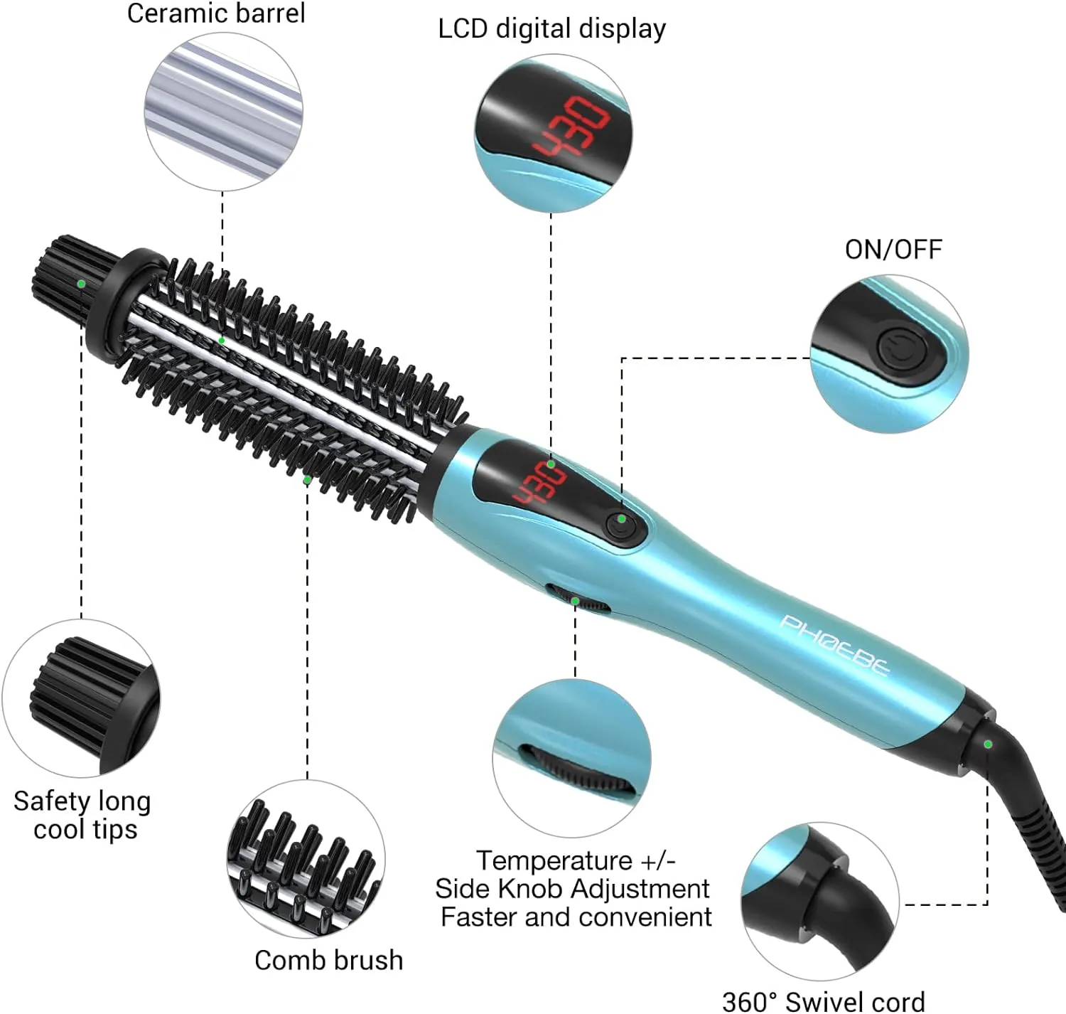PHOEBE Curling Iron, Dual Voltage Travel 1 Inch Ceramic Tourmaline Ionic Hair Curler Hot Brush, Professional Anti-Scald Instant Heat Up Curling Wands, Heated Styler for Long Hair