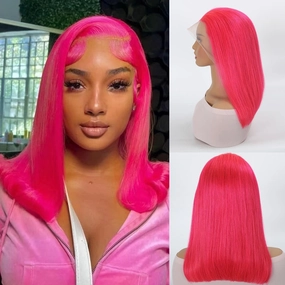 Pink 13x4 HD Lace Front Bob Wigs 12Inch Brazilian Virgin Human Hair Hot Pink with Boby Hair Wig Pre Plucked Natural Hairline Transparent Lace Pink Front Bob for Women (12Inch)