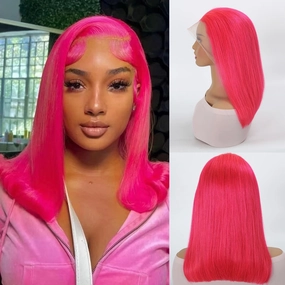 Pink Bob Wig - 100% Human Hair, Brazilian Virgin, Pre-Plucked, Natural Hairline, Transparent Lace (10")
