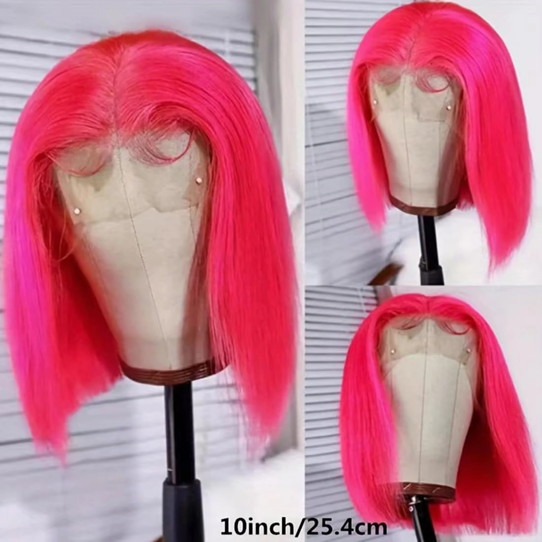 Pink Bob Wig - 100% Human Hair, Brazilian Virgin, Pre-Plucked, Natural Hairline, Transparent Lace (10")