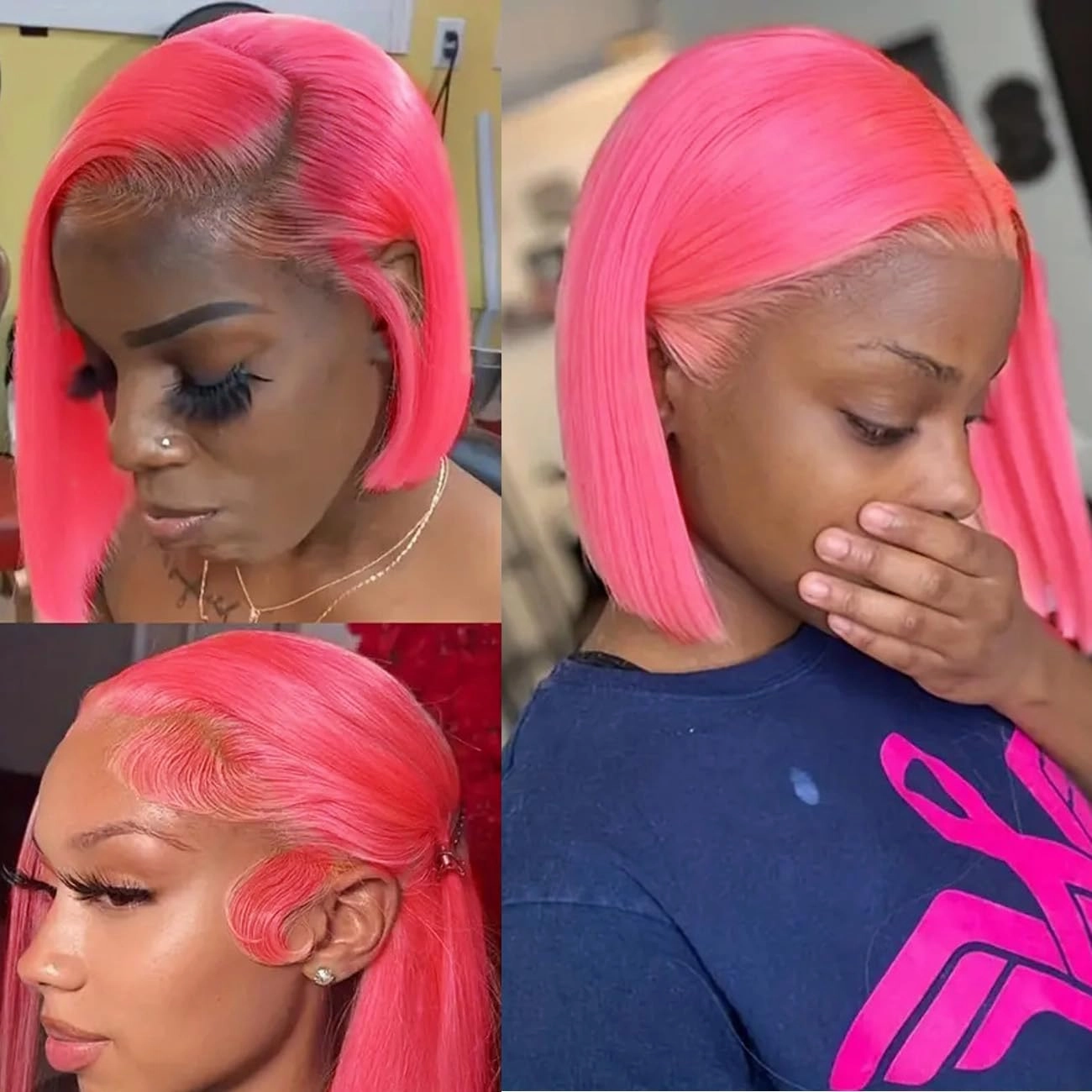 Pink Bob Wig - 100% Human Hair, Brazilian Virgin, Pre-Plucked, Natural Hairline, Transparent Lace (10")