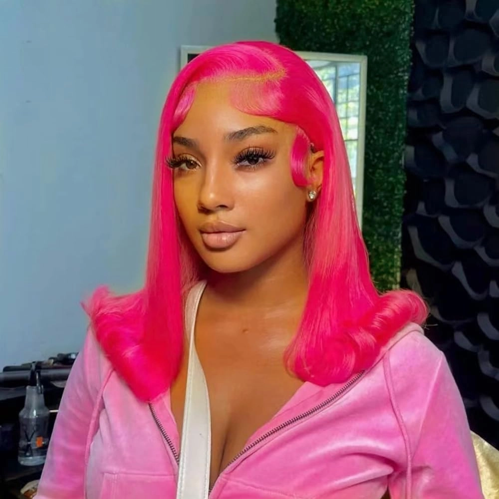 Pink Bob Wig - 100% Human Hair, Brazilian Virgin, Pre-Plucked, Natural Hairline, Transparent Lace (10")