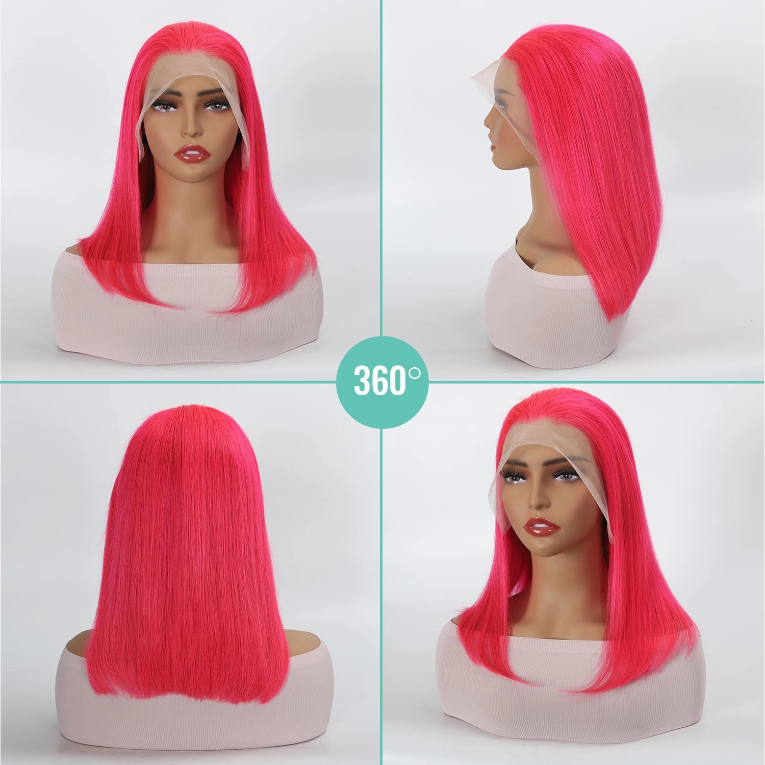 Pink Bob Wig - 100% Human Hair, Brazilian Virgin, Pre-Plucked, Natural Hairline, Transparent Lace (10")