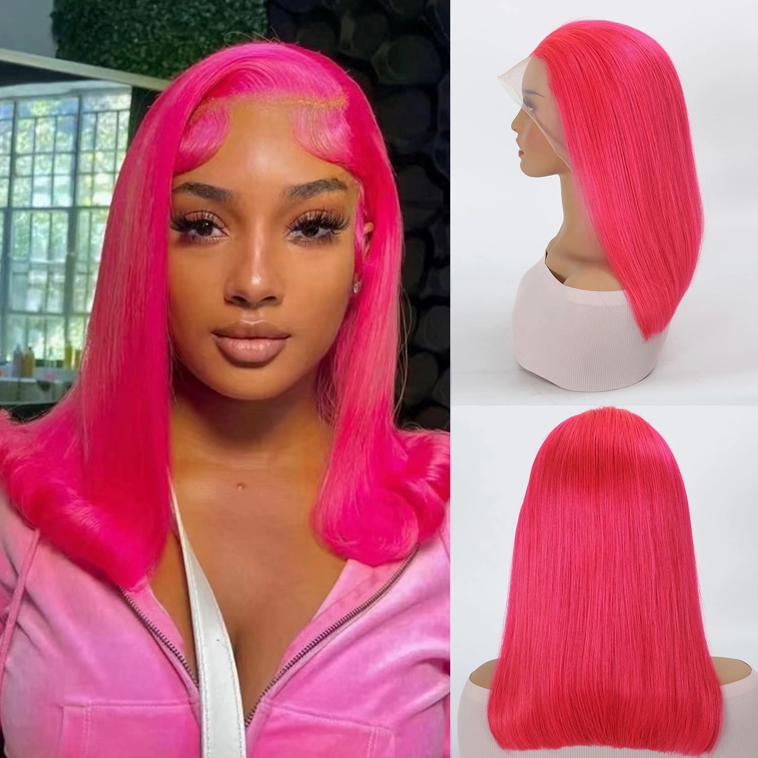 Pink Bob Wig - 100% Human Hair, Brazilian Virgin, Pre-Plucked, Natural Hairline, Transparent Lace (10")
