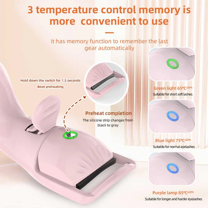 Pink Heated Eyelash Curler - 3 Temperature Settings, Long-Lasting Curl, Mini Electric Lash Curler
