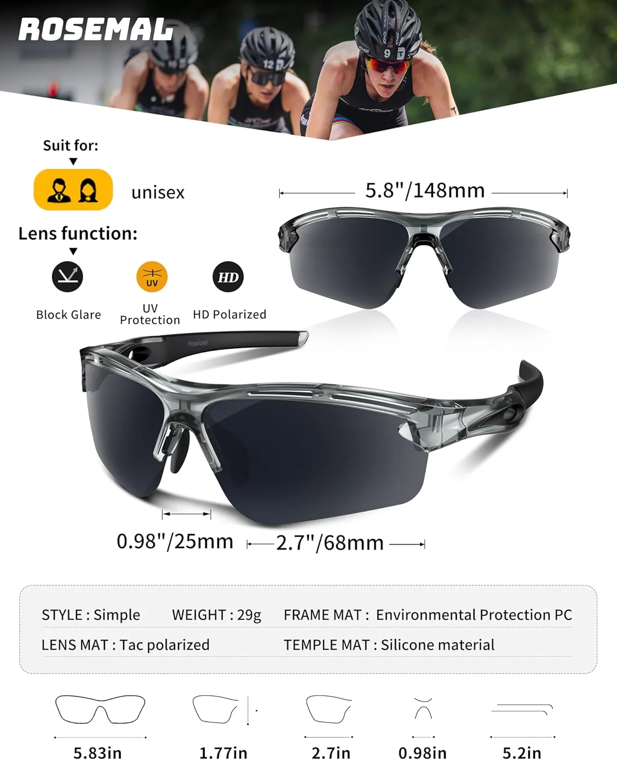 Polarized Sports Sunglasses for Men Women Youth Baseball Running Cycling Driving Fishing Tennis Golf Motor TAC UV400 TR90