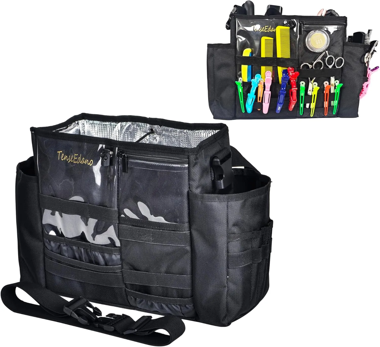 Polyester Hairdressing Bag, Hairdresser Barber Tool Bag with Shoulder Strap and Waist Belt Hair Stylist Scissor Bag with Heat Insulation Material, Black