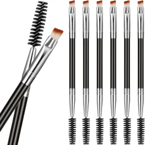 Pomeat 6 Packs Duo Eyebrow Brush Set, Angled Brow Brush and Spoolie Brush, Mini Eyelash Brush for Tinting, Perfect for Gel, Cream, and Brow Makeup, Silver