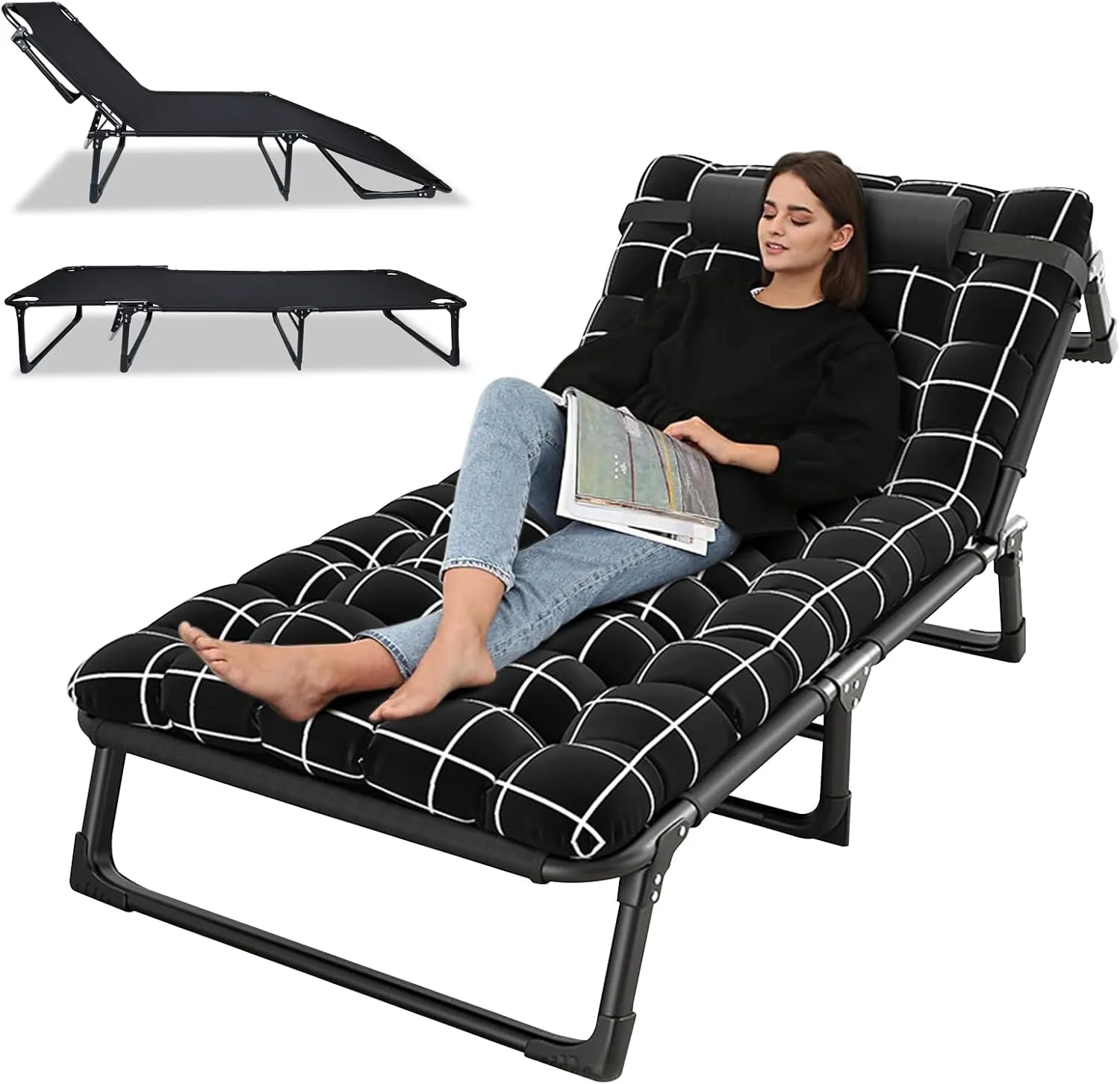 Portable Folding Camping Cot for Adult, 4/5 Position Adjustable Portable Adults Reclining Lounge Chairs with Pillow and Mattress, Indoor Outdoor Folding Lounge Chair Sleeping for Office Patio (Black)