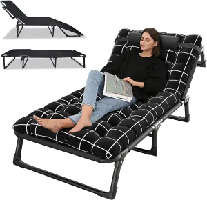 Portable Folding Camping Cot for Adult, 4/5 Position Adjustable Portable Adults Reclining Lounge Chairs with Pillow and Mattress, Indoor Outdoor Folding Lounge Chair Sleeping for Office Patio (Black)