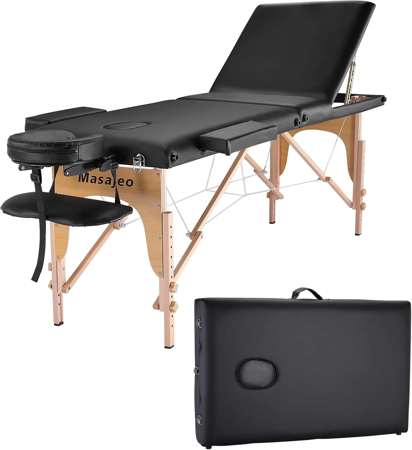 Portable Massage Table Massage Bed Professional SPA Reiki Eyelash Salon Bed, Wooden Frame Height Adjustment & Accessories, Black (3-Section)