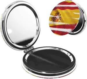 Portable Pocket Makeup Mirror Spain Flag Travel Cosmetic Mirror Round Shape Print Magnifying Compact Mirror for Eyelash