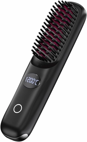 Portable Cordless Hair Straightener Brush Mini Straightening for Travel Negative Ion Hot Comb for Women Lightweight on-The-go USB Rechargeable with LED Display Anti-Scald Protection (Black)