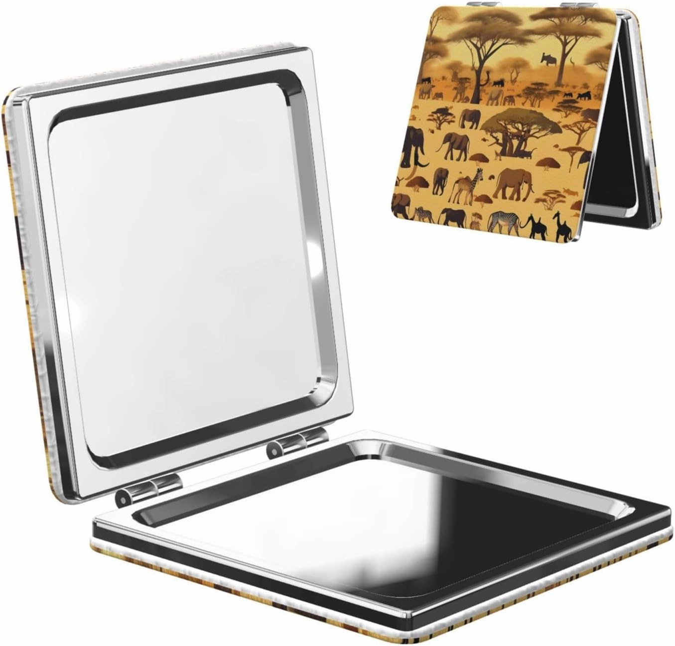 Portable Pocket Makeup Mirror African Grassland Animals Travel Cosmetic Mirror Square Print Magnifying Compact Mirror for Eyelash