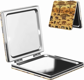 Portable Pocket Makeup Mirror African Grassland Animals Travel Cosmetic Mirror Square Print Magnifying Compact Mirror for Eyelash