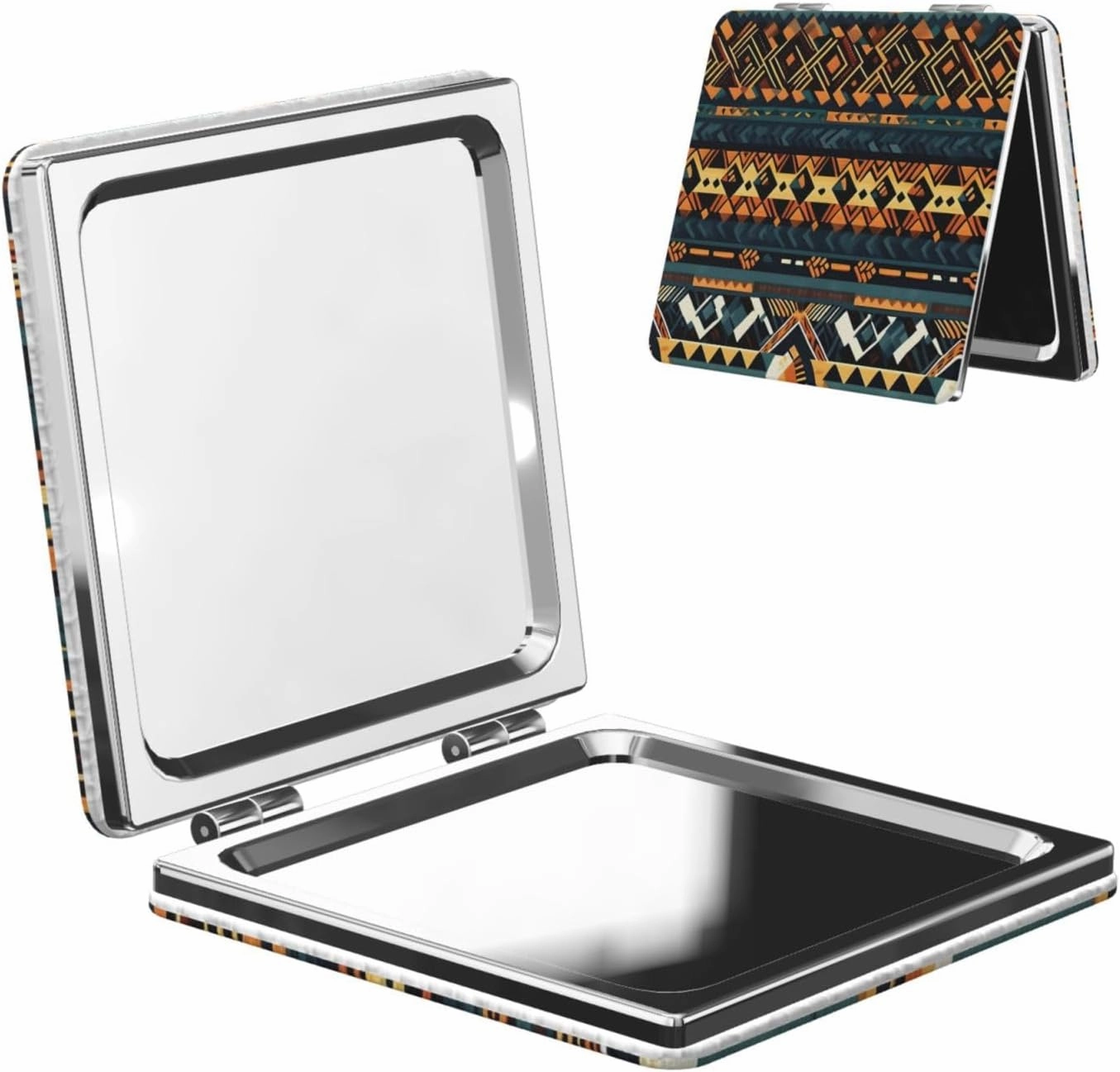 Portable Pocket Makeup Mirror African Tribal Ethnic Texture Travel Cosmetic Mirror Square Print Magnifying Compact Mirror for Eyelash