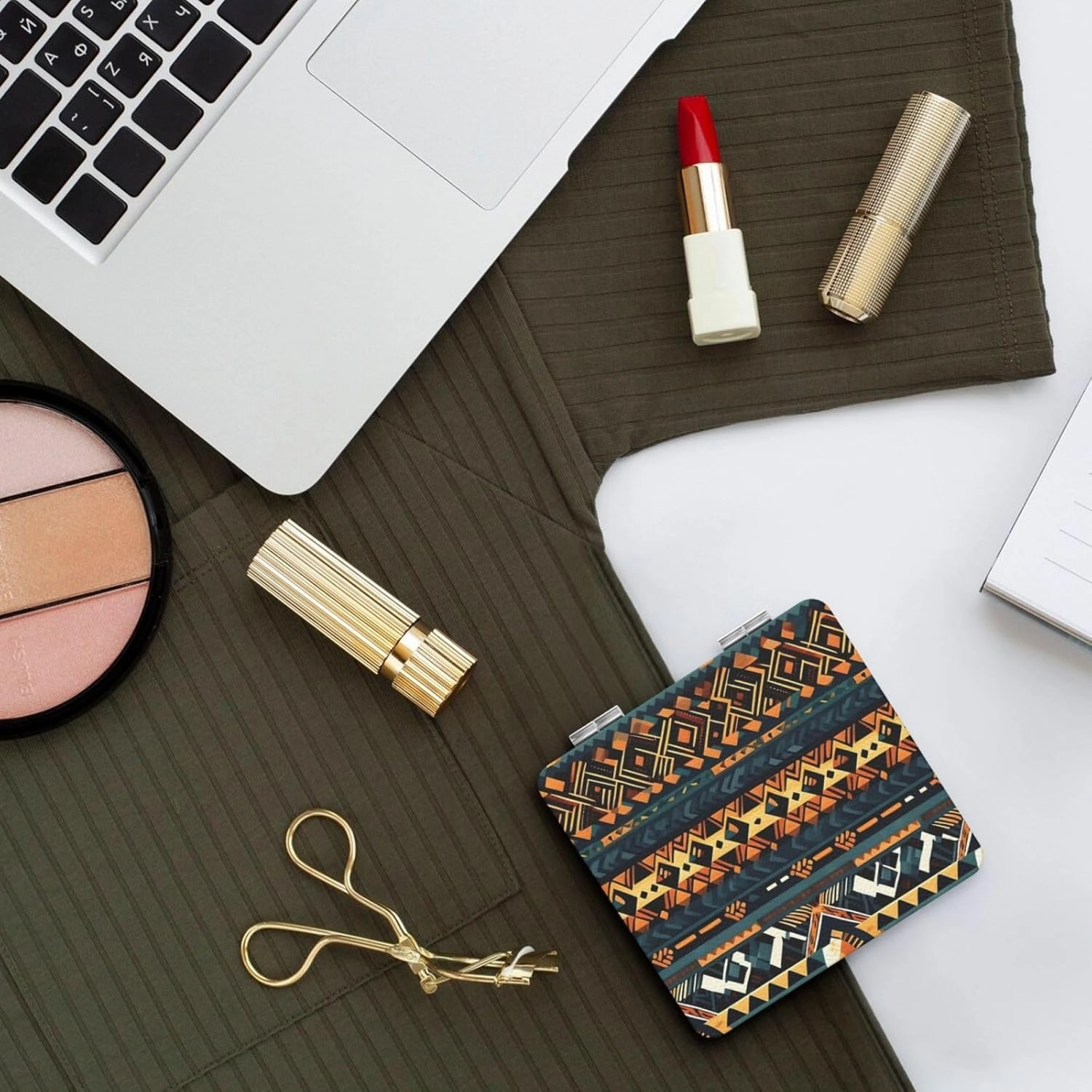 Portable Pocket Makeup Mirror African Tribal Ethnic Texture Travel Cosmetic Mirror Square Print Magnifying Compact Mirror for Eyelash