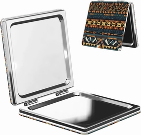 Portable Pocket Makeup Mirror African Tribal Ethnic Texture Travel Cosmetic Mirror Square Print Magnifying Compact Mirror for Eyelash