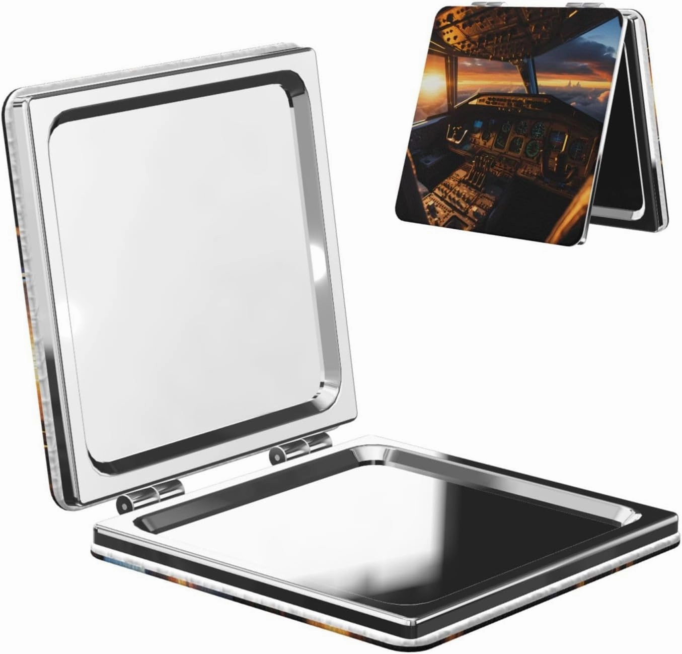 Portable Pocket Makeup Mirror Airplane Cockpit Travel Cosmetic Mirror Square Print Magnifying Compact Mirror for Eyelash