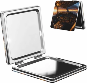 Portable Pocket Makeup Mirror Airplane Cockpit Travel Cosmetic Mirror Square Print Magnifying Compact Mirror for Eyelash
