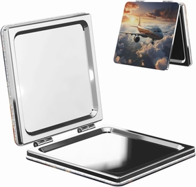 Portable Pocket Makeup Mirror Airplanes are Soaring Travel Cosmetic Mirror Square Print Magnifying Compact Mirror for Eyelash