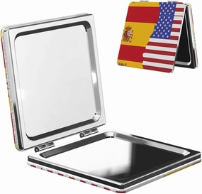 Portable Pocket Makeup Mirror American Spain Flag Travel Cosmetic Mirror Square Print Magnifying Compact Mirror for Eyelash